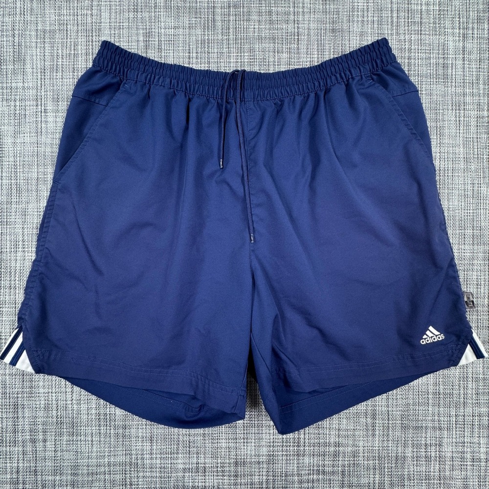 Vintage Adidas Shorts Mens XL Blue White 3 Stripe Athletic Drawstring Pockets